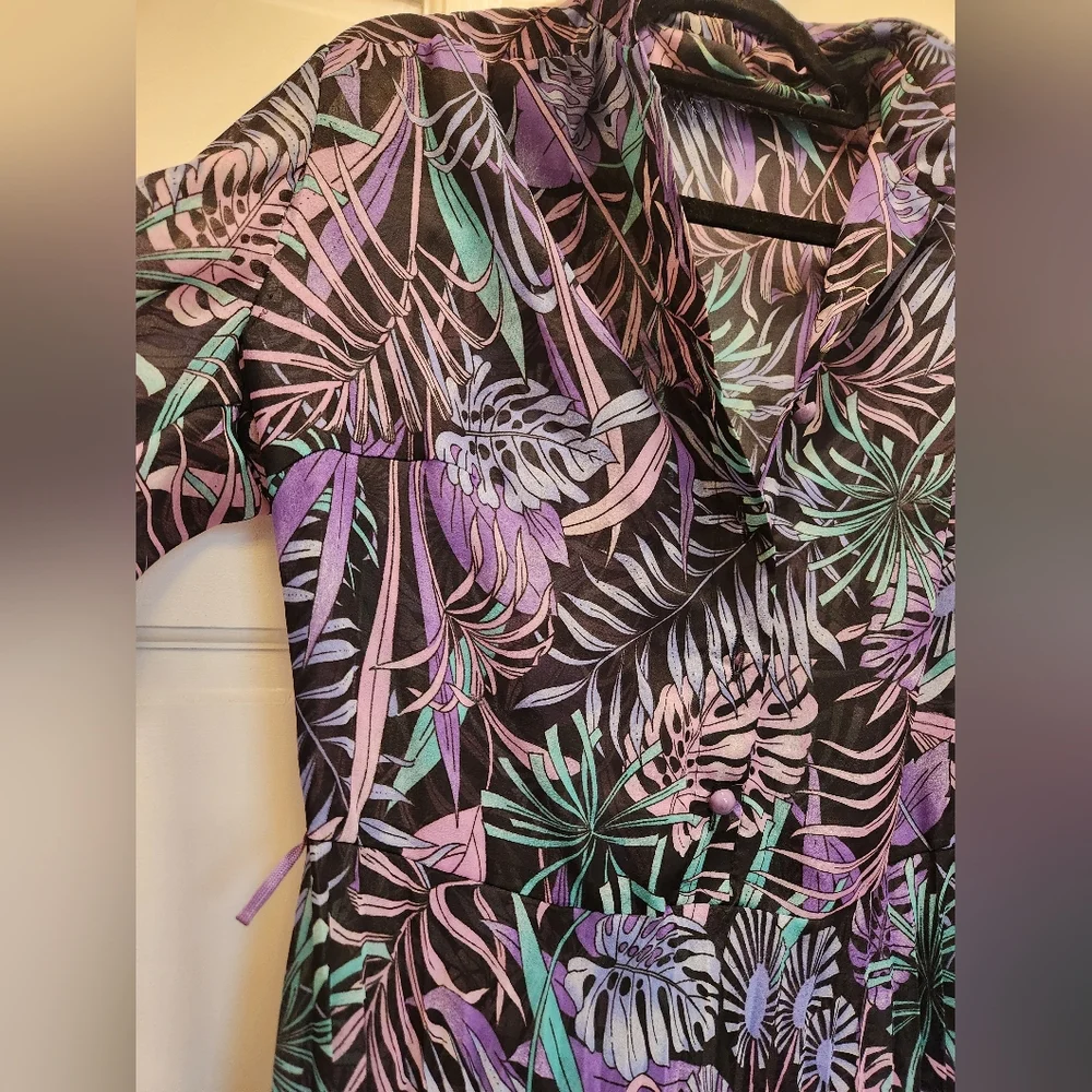 Vintage 70s 80s Tropical Floral Semi Sheer Long Sleeve Dress L - Picture 3 of 7